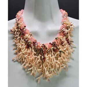 Crafted Gemstone Coral inspired Beaded Waterfall Pink Cream Necklace Earring Set